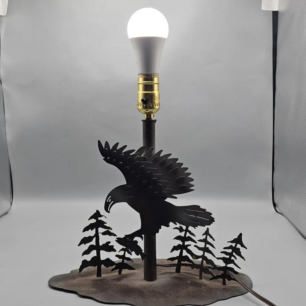 Vintage Metal Rustic Eagle Landing Pine Tree Table Lamp Mancave Cabin Minimalist